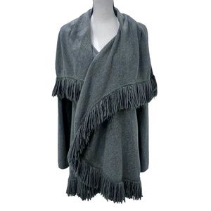 CATHERINE MALANDRINO GRAY WOOL & CASHMERE RIBBED KNIT OPEN CARDIGAN WITH FRINGE
